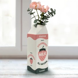 Retro Strawberry Milk Carton vase –Vintage Inspired Kawaii Ceramic vase -Pink Strawberry Flower vase -Cute Accent Decor for Your Home Kitchen Office