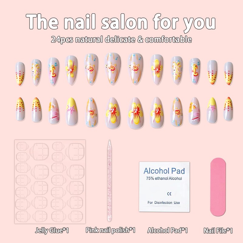 24Pcs Summer Press on Nails Short Almond Fake Nails with