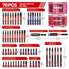 Geinxurn 70Pieces Impact Screwdriver Bits Set, Magnetic S2 Steel 1”/2”3”Phillips/Square/Torx/Slotted/Hex/Pozi Bits Tips and Impact Bit Holder with Red Storage Box Case