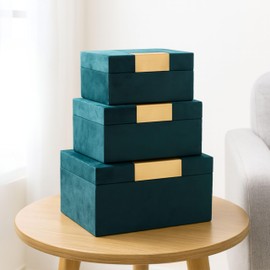 Set of 3 Velvet Decorative Storage Boxes with Lids – Compact Home Organizer Keepsake Boxes for Jewelry – Modern Decorative Box for Office & Home Decor – 7", 8" & 9", Teal