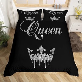 Homemissing Modern Queen Crown Duvet Cover Single Size Black and Grey Bedding Set Teens Adults Couple Comforter Cover Set 2 Pieces Girls Boys Valentines Day Gifts Bedding (No Glitter)