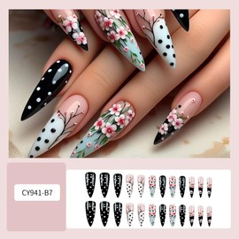 Spring Flower Press on Nails Long Almond WLGDLH Black Fake Nails with Plum Blossom Design False Nails French Glue on Nails Full Cover Glossy Stick on Nails for Women 24Pcs