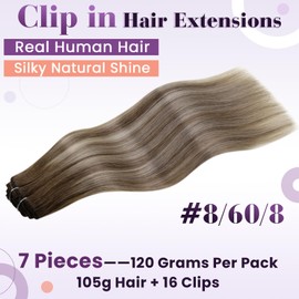 LaaVoo Clip-In Real Hair Extensions, Balayage Blonde Clip-In Real Hair Extensions, Remy Real Hair Extensions, Full Head, Straight, 120 g, 7 Pieces, 40 cm