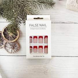 Christmas Red Press on Nails Short Square Fake Nails with Santa Hat Design Cute French Tip Full Cover Artificial False Nails Red Nail Tip Acrylic Nails Glossy Xmas Stick on Nails for Women Girls24Pcs
