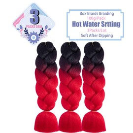 LILYKA SHOW Black to Red Braiding Hair 3 Packs 24 Inch Synthetic Braids Hair Extensions Jumbo Ombre Braiding Hair Box Braids Twist Crochet Braids(24"3Pack,black to red)