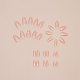 Short Press on Nails Almond Fake Nails with Chrome Designs Glossy Gule on Nails Cute Acrylic Nails Light Pink False Nails Artificial Stick on Nails for Women 30Pcs