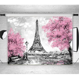 Fanghui 9x6ft Paris Eiffel Tower Backdrops for Photography Pink Flowers Trees Photo Lover Wedding Studio Props Background Banner Vinyl