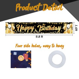 Birthday Banner, Black Gold Happy Birthday Long Banner, Fabric Birthday Decoration for Women, Girls, Men, Boy, Happy Birthday Prom Decorations Banner Backdrop, Teenager Birthday Decorations