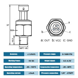 FUSCH 1600 PSI Pressure Transducer Sensor with Connector Harness, 1/8"NPT Thread Stainless Steel Pressure Transmitter for Oil Fuel Water Air