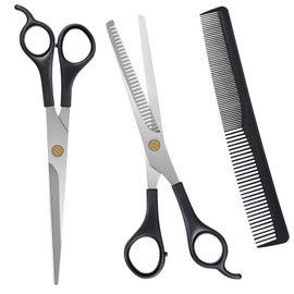 URAQT Hair Scissors Set, 2 Sharp Professional Scissors Sets, Light One-Sided Thinner, Sharp Hairdressing Scissors, Hair Cutting Scissors, Comb, for Women, Men, Children, Pet, Black