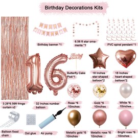 Sweet 16th Birthday Decorations For Girls, Happy Birthday Banners Party Decor Foil Fringe Curtains Heart Star Confetti Balloons, Hanging Swirls Party Supplier Rose Gold