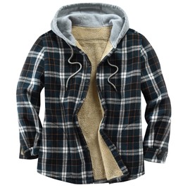 Derbars Men's Flannel Lined Shirt Jackets, Long Sleeved Rugged Plaid Cotton Brushed Suede Shirt Jacket, Orange Line White Blue, Medium