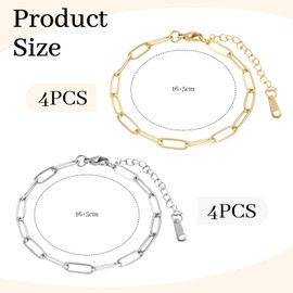 LunarCharm 8 Pieces Paper Clip Chain Bracelet Set, Stainless Steel, 18K Gold Plated, Adjustable Charm Bracelets with Lobster Clasp for DIY Jewelry Making, multicoloured