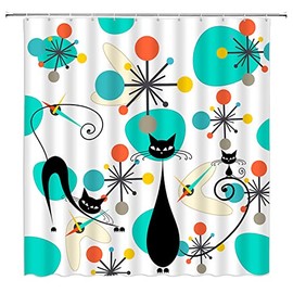LAEDCIITI Mid Century Black Cat Shower Curtain Modern Atomic Abstract Geometric Iconic Pattern Retro Black Kitty Animal 1950s 1960s Vintage Funny Teal Fabric Bathroom Curtain Set with Hook