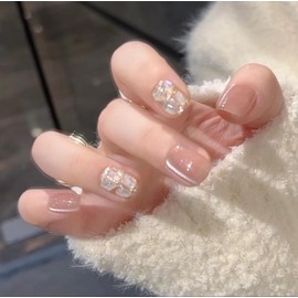 Lwenjing Nail Tips, 30 Pieces, 3D Nail Tips, Handmade Nail Tips, Short, Spring and Summer, Popular Japanese Style, Cute, Simple, Stylish, Bride, Shiny, False Nails, Double-Sided Tape, Coming of Age