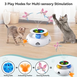 Cat Toy 3 in 1 Interactive Cat Toys for Indoor Cats,360° Random Rotating Smart Cat Toy Automatic Self Playing Electric Cat Toy with Removable Butterfly & Bottom Feather,Balls for Kitten,Cat,Dog