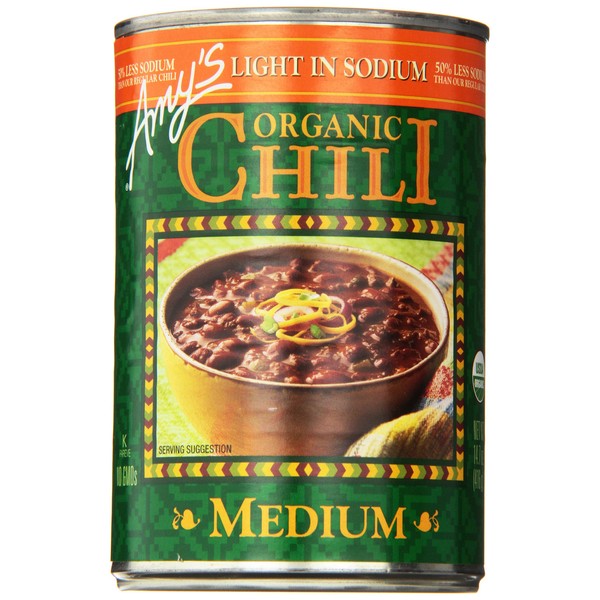 Amy's Organic Chili, Vegan Medium Chili, Light in Sodium, Gluten Free, Made With Organic Red Beans and Tofu, 14.7 Oz (6 Pack)