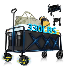 Collapsible Wagon with Wheels, 330 lbs Wagons Carts Foldable Wagon Cart, Carbon Steel Frame Structure, Lightweight Portable Folding Utility Grocery Shopping Cart for Grocery Sports Garden Camping