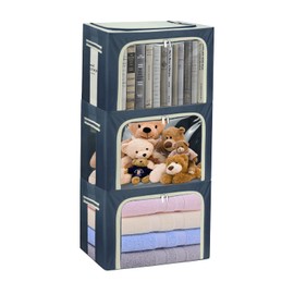 Clothes Storage Box Bins Stackable Foldable Organizer,Sturdy Handles with Metal Frame for Clothing Bedding Shelves,Closet Container with Clear Window Zipper and Label Holder (Navy, 40L x3 Pack)