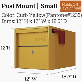 Post Mount Mailbox | Small (Curb Yellow) Size 12 x 12 x 18.5 (HxWxD) Anti-Theft Locking Mailbox with 2 Keys, Modern Mailbox with Flag, Weatherproof Mailboxes for Outside