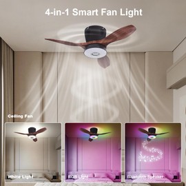 WVMNQO RGB Fan Light with Bluetooth Speaker, 21" Low Profile Ceiling Fan with Light Remote Control, 3CCT Stepless Dimmable, Night Mode, Memory Function, for Bedroom Living Room Kitchen Garage, Grain