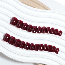 Short Press on Nails Square Fake Nails Wine Red False Nails with Design Solid Color Acrylic Nails Glossy Glue on Nails Full Cover Stick on Nail Artificial Nails for Women Christmas Manicure 24Pcs