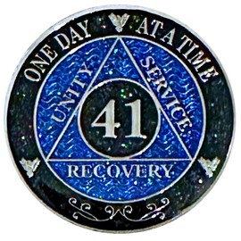 AA 41-Year Shiny Fancy Glitter Recovery Medallion, Alcoholics Anonymous Recovery Sober Silver Color Metal Coin, Shiny Blue And Black Rainbow Glitter, AA Sobriety Chip