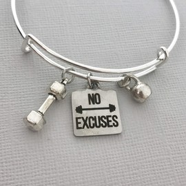 No Excuses workout jewelry dumbbell weight lifting fitness bangle charm bracelet