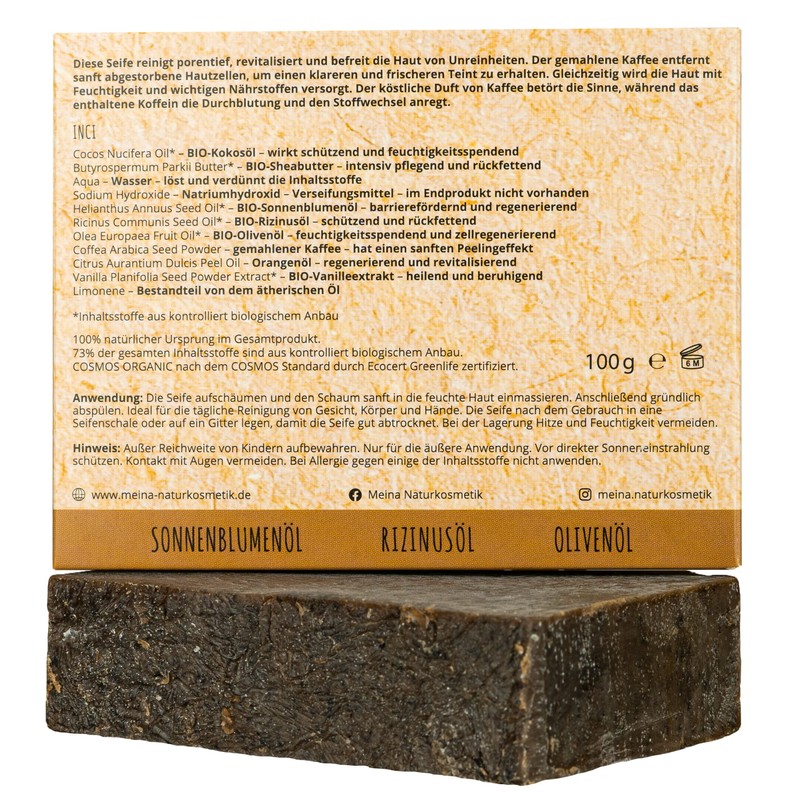 Meina Natural Cosmetics - Organic Exfoliating Soap with Coffee, Natural