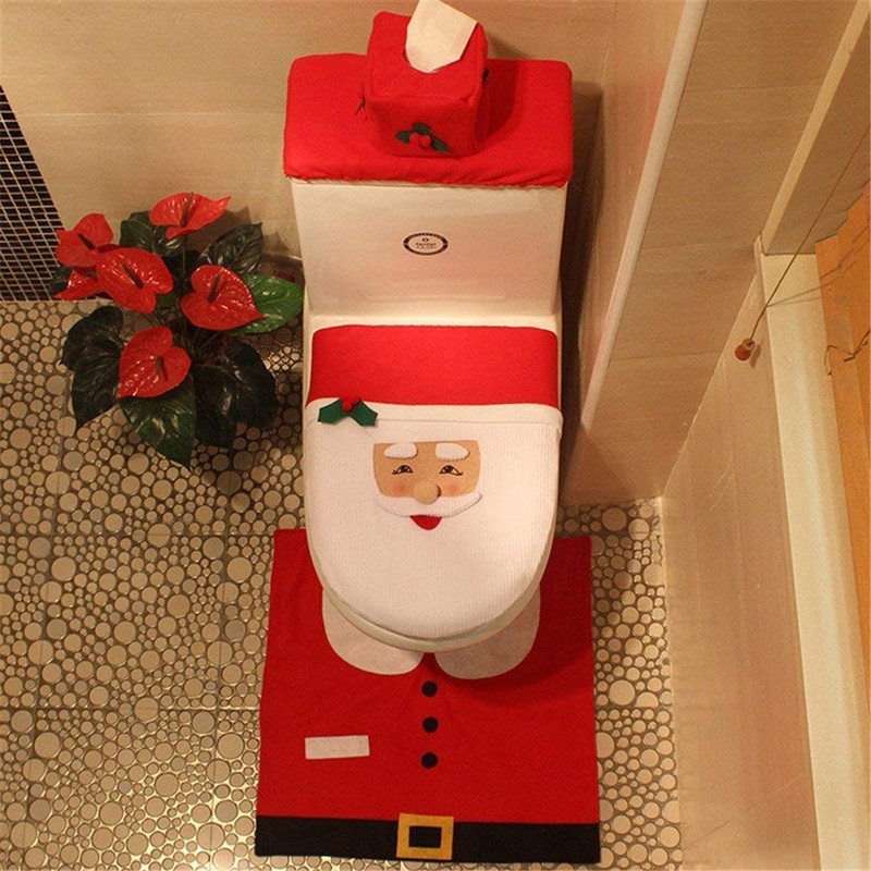 SHATCHI Christmas Santa Toilet Seat Cover and Mat Bathroom Set
