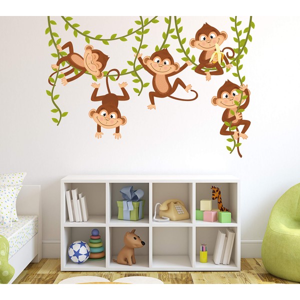 Monkey Wall Decal Nursery Wall Decor Boy Jungle Baby Room Mural Art Decor Vinyl Sticker (40"W x 26"H)