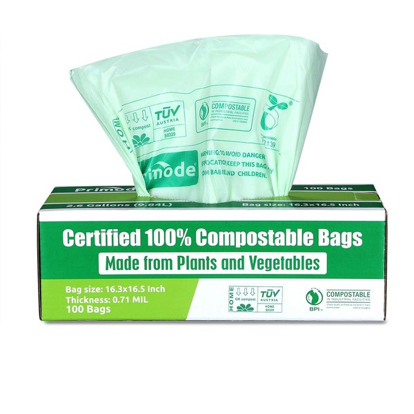 Primode 100% Compostable Bags 2.6 Gallon / 10 Liter Food Scraps Yard Waste Bags, Extra Thick 0.71 Mil. ASTMD6400 Biodegradable Compost Bags Small Kitchen Trash Bags, Certified By BPI And VINCETTE, (100)