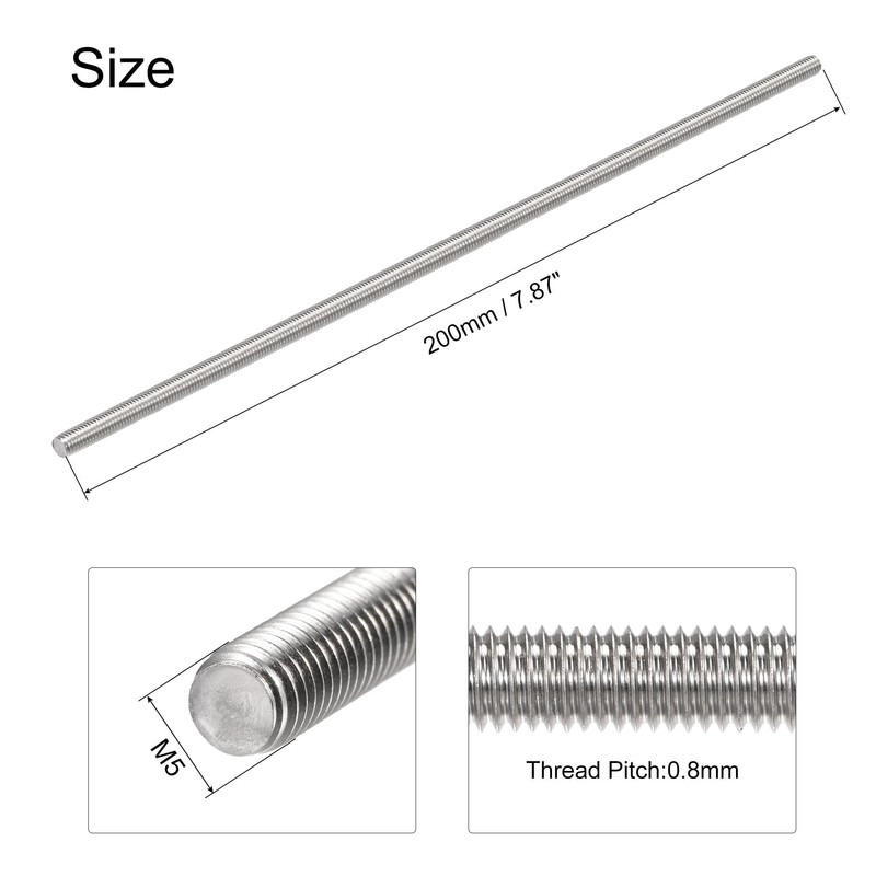 sourcing map 2Pcs M5 x 200mm Fully Threaded Rod 304