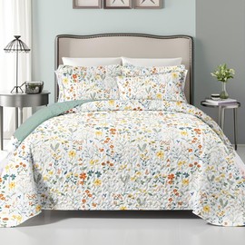 WHWODIDE Floral Patchwork Quilt Set King Size Farmhouse Summer Microfiber 3pcs Bed Cover Reversible Lightweight Bedspread Coverlet Set with 2 Pillow Shams for All Season (Orange, King(90"x104"))