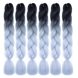 Xiaofeng Braiding Hair Extensions for Women 6 Packs 100g/Pack 24Inch High Temperature Ombre Jumbo Synthetic Braiding Hair for Twist Crochet Braids (24 Inch, black-silver gray)