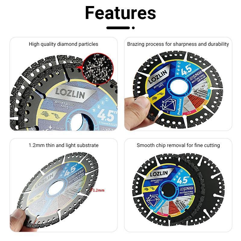 LOZLIN 3PCS 4.5" Multi-Material Cutting Blades - Dry Cut Metal,