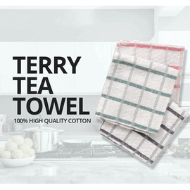 Luxury Nights 100% Cotton Terry Tea Towel Kitchen Cloth Heavy Duty Quick Dry Soft, Super Absorbent and Lint Free Kitchen Towels 40cm x 65cm Multicolor Check (2 Pack)