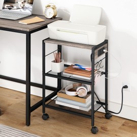 HOOBRO Mobile Printer Stand,3-Tier Industrial Rolling Cart with Power Outlets & USB Ports,Home Stand 2 Hooks, for Office, Living Room, Rustic Brown BG22UPS01, Greige + Black, 16.5'' x 11''x 25.2''