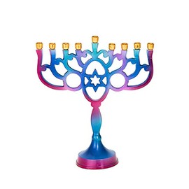 Legacy Judaica Blue and Pink Metal Chanukah Menorah – for Standard Hanukah Candles – Branch Menora Style – 9.25” Tall x 8” Wide