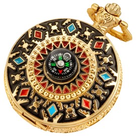Retro Pocket Watch Relief Art American Southwest Cross Totem Compass Case Quartz Pocket Watch with Chain Christmas Graduation Birthday Gifts(Gold)