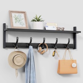 Tatub 29" Rustic Coat Rack Wall Mount with Shelf, Wall Hooks with Shelf, Entryway Floating Shelf with 5 Metal Hooks, Coat Hangers for Entryway, Living Room, Bedroom, Black