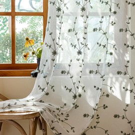 AmHoo 2 Panels Leaf Flora Embroidered Farmhouse Semi Sheer Curtain Voile Curtains for Living Room Bedroom Window Treatment White Sage Green 53 x 63 Inch