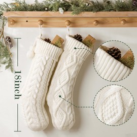 Farmhouse Knitted Personalized Christmas Stockings: 5 Pack 18 Inch Rustic Cable Knit Fireplace Cozy Hanging Xmas Stockings Boho Style Stocking Decorations for Family Holiday Décor, White Beige
