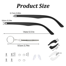 Glasses Arm Replacement Universal Glasses Arm with Screws, Easy to Replace, Washers, Screwdriver, Nose Pads, 2 Pairs of Non-Slip Glasses Spinning Slides
