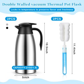 Ziliny 2 Pcs 51 oz Thermal Coffee Carafe Stainless Steel Vacuum Thermal Pot Flask with Brushes Insulated Double Walled Vacuum Coffee Carafe Coffee Dispenser for Keeping Heat Cold (Silver, Black)