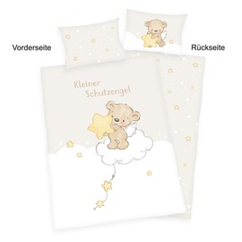 Herding Small Guardian Angel Bed Linen Set, Made in Green by OEKO TEX, Pillowcase Approx. 40 x 60 cm, Duvet Cover Approx. 135 x 100 cm, with Button Closure, 100% Cotton/Flannel, White/Beige