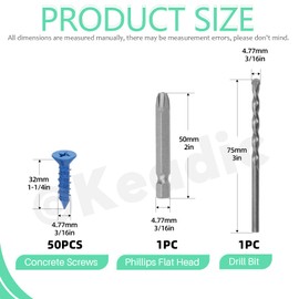 Keadic 50 PCS 3/16" Concrete Screw Anchor with Phillips Flat Head & Drill Bit Set - Perfect for Anchoring to Masonry, Block or Brick Stucco,Secure Fastening on Concrete (Blue,Long 32mm/1-1/4in)