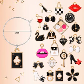 Sureio 24 Pieces Wine Glass Charms Rings Stem Glass Markers Glass Charms Charm Pendants Funny Drink Markers Tags Designer Charms for Stem Glasses Tasting Party Favors Decoration