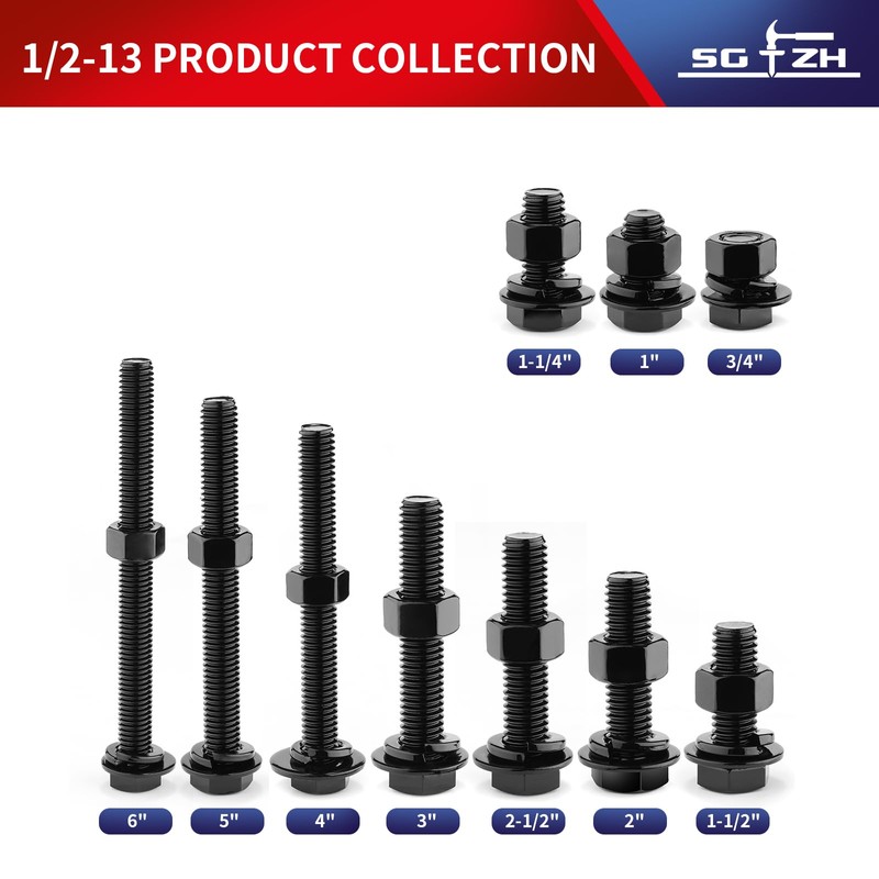 1/2-13 x 2-1/2" Hex Head Screw Bolt, Nuts, Flat &