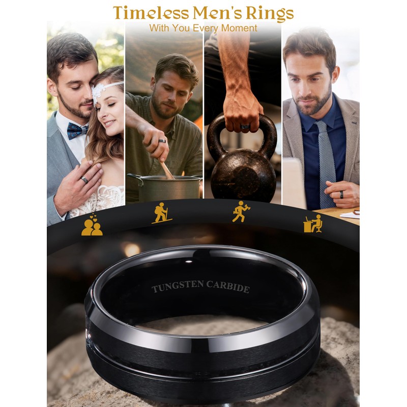 Jstyle Tungsten Ring for Men 8MM Black Wedding Band Fit